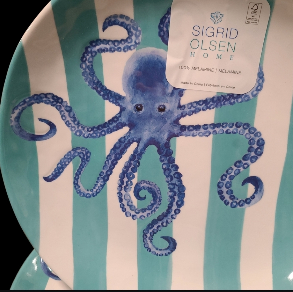 8pc Sigrid Olsen Blue Octopus Cabana Stripe Melamine Dinner Plate & Bowl Set New - Picture 4 of 10
